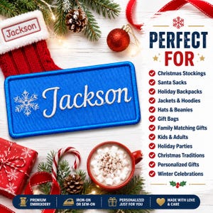 Custom Christmas Nametag Patch/Iron-On Patch/Personalized Stocking Name Tag/Festive Font/Embroidered Sew-on Applique for Clothing Jacket Hat