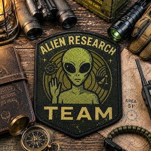 Alien Research Team Patch/Iron-on Patch/Retro Gift/Xfiles Green Alien/UFO Flying Saucer/Applique for Clothing Jacket Hat Backpack Gear