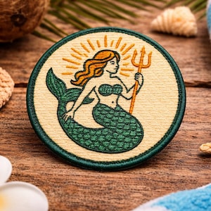 Mermaid Patch/Iron-On Patch/Beach Adventure/Sunray Halo Trident/Retro Style Gift/Sew-On Applique for Clothing Tote Bags Backpacks Gear Hats
