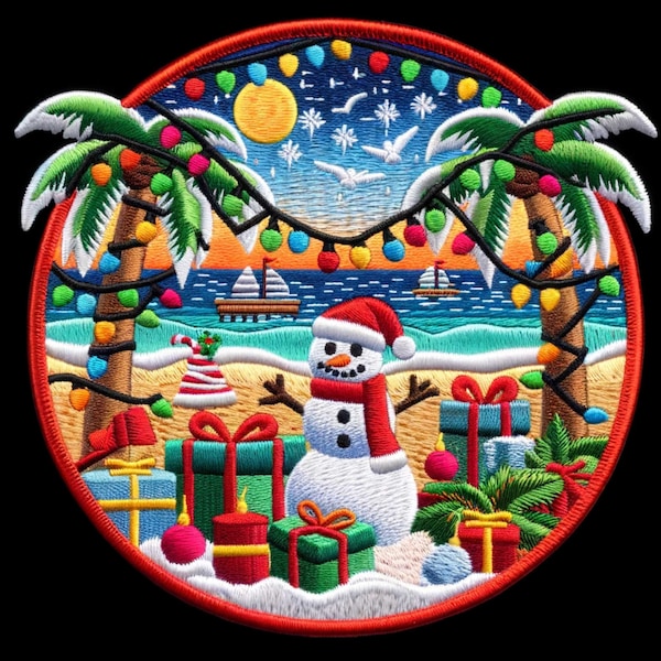 Christmas at the Beach Patch Iron-on/Sew-on Custom Applique for Vest Jacket Denim Clothing, Travel Souvenir Badge, Santa Elf Reindeer, Decor