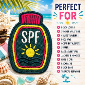 Sunscreen Patch, SPF Patch, Summer Patches, Hat Patch, Sequin Patch, Iron On Patch, Beach Patch, River Patch, Lake Patch, Pool Patch