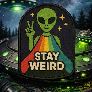 Stay Weird Alien Patch/UFO Flying Saucer Gift/Iron-On Patch/Xfiles Inspired/Retro Sci-fi/Sew-On Applique for Clothing Vest/Jackets Backpack