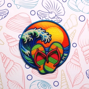 Flip Flops & Ocean Waves Patch Iron-on/Sew-on Applique for Jackets, Clothing Backpack for Tote Bag, Beach Life, Souvenir Patch, Sun and Sand