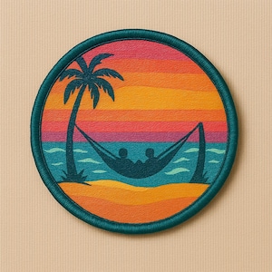 Iron-On Sunset Hammock Retreat Patch/Ocean Wave Patch/Sew-on Applique for Tote Bags/Backpack/Clothing/Beach Vibes Patch/Beach Adventure Gift
