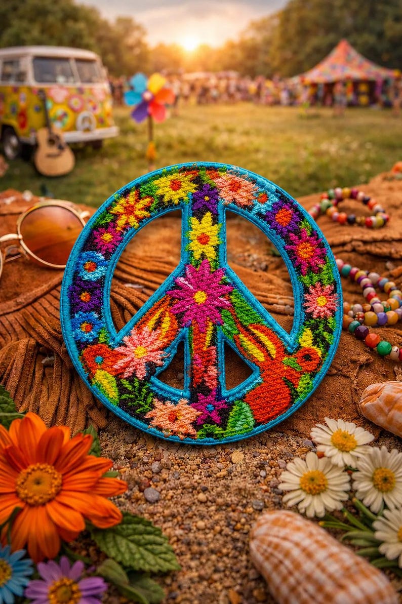 May include: A circular embroidered patch featuring a peace sign symbol. The design is filled with vibrant, multi-colored floral patterns in shades of pink, yellow, orange, and purple against a black background, all bordered by a bright blue stitched edge.
