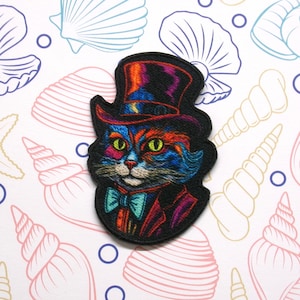 Stylish Cat in Top Hat Patch Iron-on/Sew-on Applique for Vest Jacket Clothing Backpack, Fantasy Badge, Dapper Kitty, Gothic, Fancy Feline
