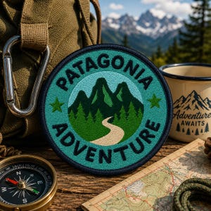 May include: A round embroidered patch with the word "PATAGONIA ADVENTURE" in teal and white. The patch features a mountain range, a winding path, and green trees. A compass, map, and mug with "Adventure Awaits" are also visible.