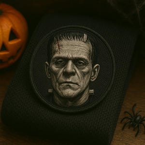 May include: A black patch featuring a detailed portrait of Frankenstein's monster. The patch is circular and set against a dark background, with a carved pumpkin and a plastic spider nearby. The monster has a scar and bolts on his neck, perfect for Halloween.
