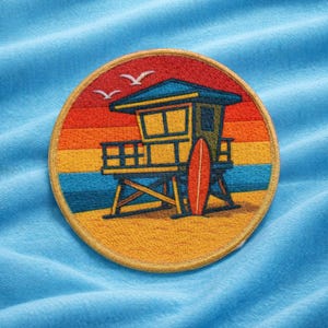 Parche de torre de salvavidas/parche termoadhesivo/regalo retro/tabla de surf/aplique para coser para bolso, chaqueta, ropa, mochila/chica coco/ambiente playero