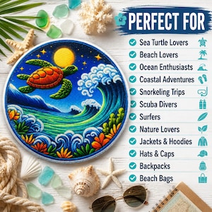 Sea Turtle & Ocean Waves Patch/Iron-On Patch/Surfers, Scuba Divers Gift/Sew-On Applique for Clothing, Vest/Jacket, Hat, Backpack, Tote Bags
