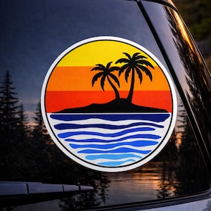 Adesivo in vinile con palme e tramonto tropicale per finestrini auto, adesivi per bottiglie d'acqua e regali per laptop