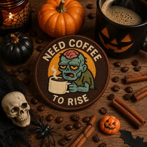 May include: A circular embroidered patch featuring a green zombie holding a steaming white coffee mug against a yellow and brown background. The text NEED COFFEE TO RISE is stitched in a cream color around the top and bottom of the circular border.