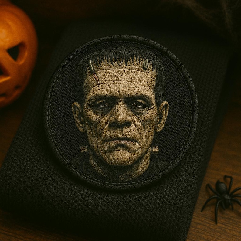 May include: A circular embroidered patch featuring a detailed, sepia-toned portrait of Frankenstein's monster. The design showcases the character's iconic flat-top hair, forehead scar, and neck bolts, all framed by a solid black stitched border.
