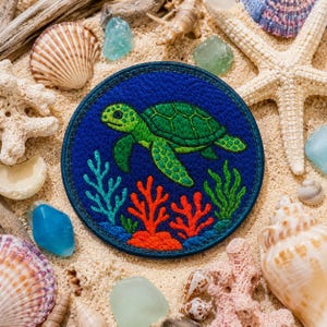 Sea Turtle with Coral Patch/Iron-on Patch/Ocean Waves/Sew-On Applique for Tote Bag/Backpack/Ocean Adventure Gift/Beach Vibes & Salt Life