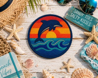 Sunset Dolphin Patch/Iron-On Patch/Ocean Waves/Sew-on Applique for Tote Bags Backpacks Clothing/Beach Vibe Gifts/Coconut Girl Fun Vacation