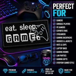 Eat Sleep Game Patch/Iron-On Patch/Video Games/Retro Controller/90s Nostalgia/Embroidered Sew-On Applique for Clothing Jacket Hat Backpack