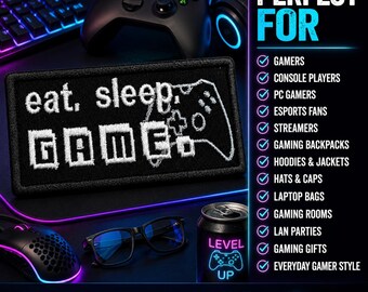 Eat Sleep Game Patch/Iron-On Patch/Video Games/Retro Controller/90s Nostalgia/Embroidered Sew-On Applique for Clothing Jacket Hat Backpack