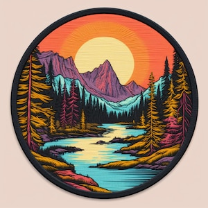 May include: A colorful embroidered patch depicting a mountain range with a river flowing through it. The mountains are purple, blue, and green, and the river is blue. The sky is orange and yellow, and there is a large sun in the sky. The patch is surrounded by a black border.