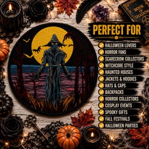 Scary Halloween Scarecrow Patch Iron-on/Sew-on Applique for Costume Vest Jacket Clothing, Full Moon, Bats, Horror Fans, Creepy & Spooky, DIY