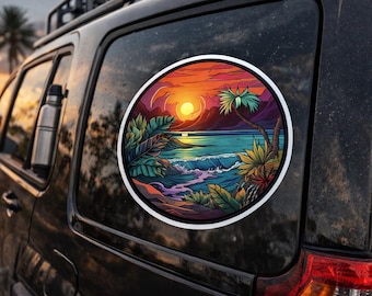 Adesivo de vinil com pôr do sol na praia – Decalque tropical com pôr do sol no oceano – Adesivo à prova d'água para laptop, garrafa de água, SUV e janela – Lembrança de viagem