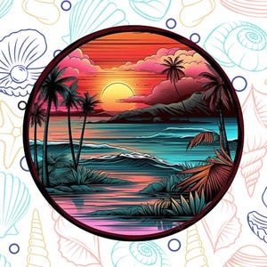 Beach Sunset Sticker Decal, Window Bumper Vehicle Waterproof Vinyl Sticker, Water Bottle Laptop Decal, Palme Trees, Sand, Travel Souvenir