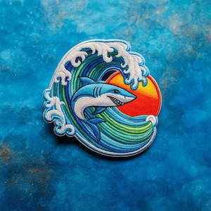 Shark in Ocean Waves Patch/Iron-On Patch/Beach Ocean Souvenir Gift/Sew-On Applique for Clothing, Backpacks, Surf Gear, Vest/Jacket, Tote Bag