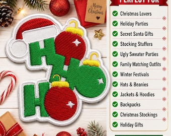 Christmas Patch/Iron-on Patch/Ho Ho Ho Santa Claus Hat/Holiday Festive Decor/Embroidered Sew-on Applique for Clothing, Stocking, Vest/Jacket