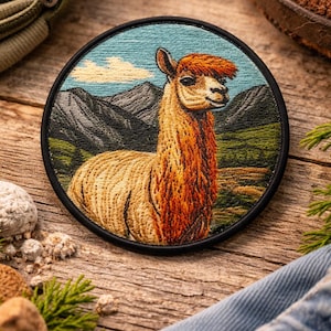 May include: Embroidered patch featuring a llama with orange and tan fur, set against a backdrop of mountains and a blue sky. The round patch has a black border. The image is on a wooden surface.
