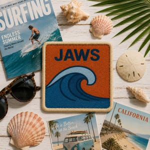 May include: A square coaster with a burnt orange background and a dark blue wave graphic. The word JAWS is printed in dark blue capital letters above the wave. The coaster has a thick, light beige stitched border around its entire perimeter.