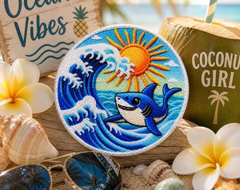Shark Patch/Iron-On Patch/Cute Smiling Shark with Ocean Waves/Kids Patches/Sew-On Applique for Clothing Vest/Jacket Backpacks Tote Bags