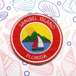 Sanibel Island Florida Patch Mountain Sailboat Scene Embroidered Iron-On for Backpack & Jacket, for Travel Lovers, Outdoor Adventure Badge