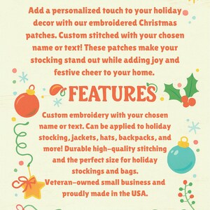May include: A cream-coloured informational sign featuring red, orange, blue, and green holiday graphics including ornaments, holly, and stars. The text reads OVERVIEW, FEATURES, and COASTAL DREAMS CHIC, detailing custom embroidered Christmas patches.
