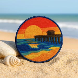 Sunset Over the Pier Patch/Iron-on Applique/Ocean Wave Patch/Embroidered Sew-On for Tote Bags/Backpack/Beach Vibes Patch/Beach Adventure