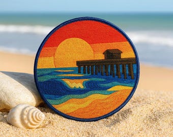 Sunset Over the Pier Patch/Iron-on Applique/Ocean Wave Patch/Embroidered Sew-On for Tote Bags/Backpack/Beach Vibes Patch/Beach Adventure