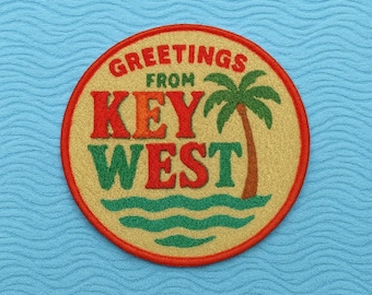 Greetings From Key West Patch/Iron-on Patch//Beach Adventure/Retro Style Souvenir Gift/Sew-On Applique for Tote Bags Clothing Backpacks
