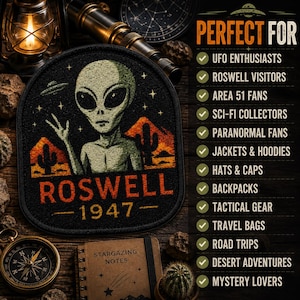 Roswell 1947 Patch/Iron-on Patch/UFO Flying Saucer/Retro Xfiles Aliens/Area-51/Sew-On Applique for Clothing Vest/Jacket Hat Backpack Gear