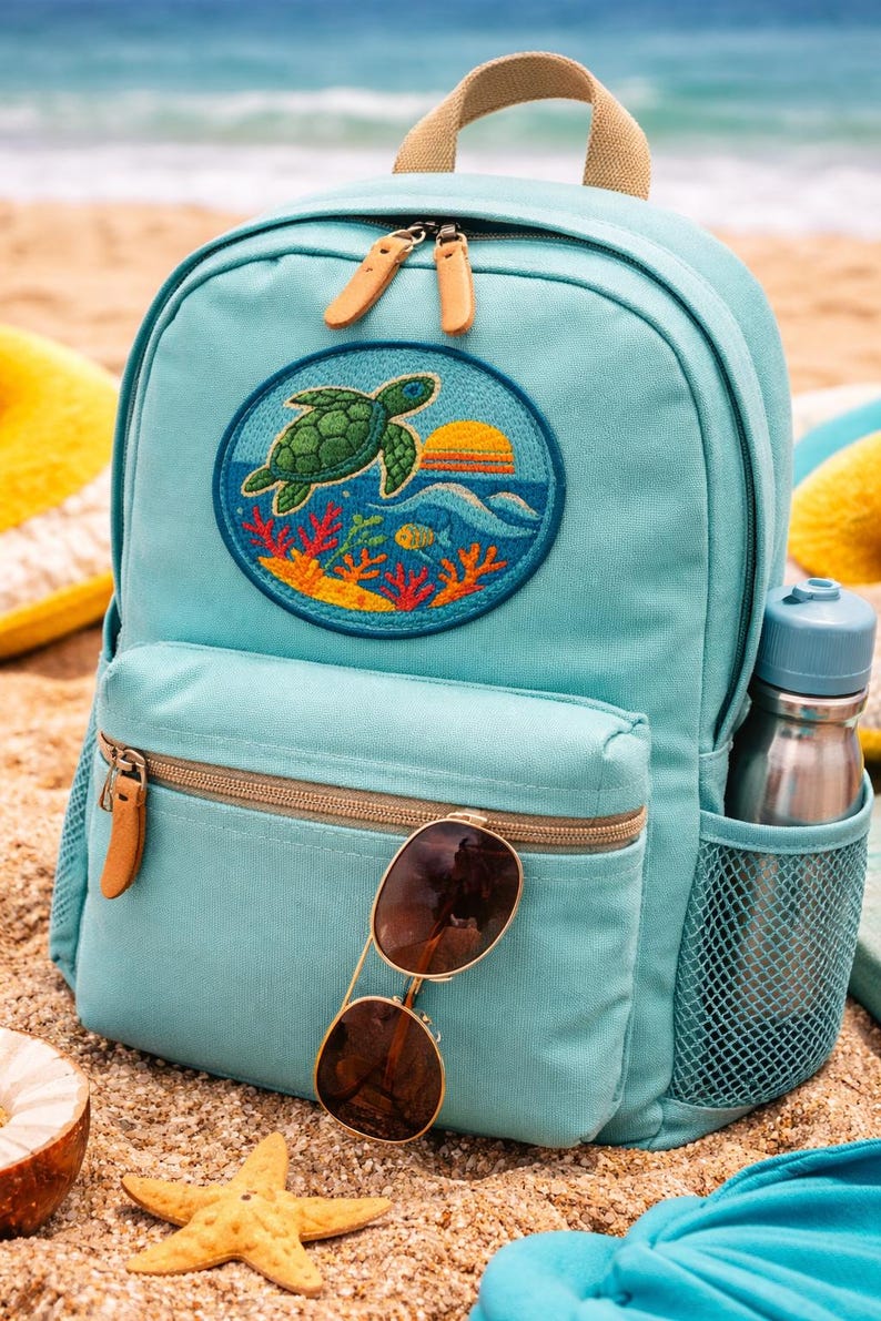 May include: A light blue backpack with a turtle patch, a front pocket, and a side mesh pocket. The backpack has a tan handle and zipper pulls. Sunglasses rest on the front pocket. A water bottle is in the side pocket.