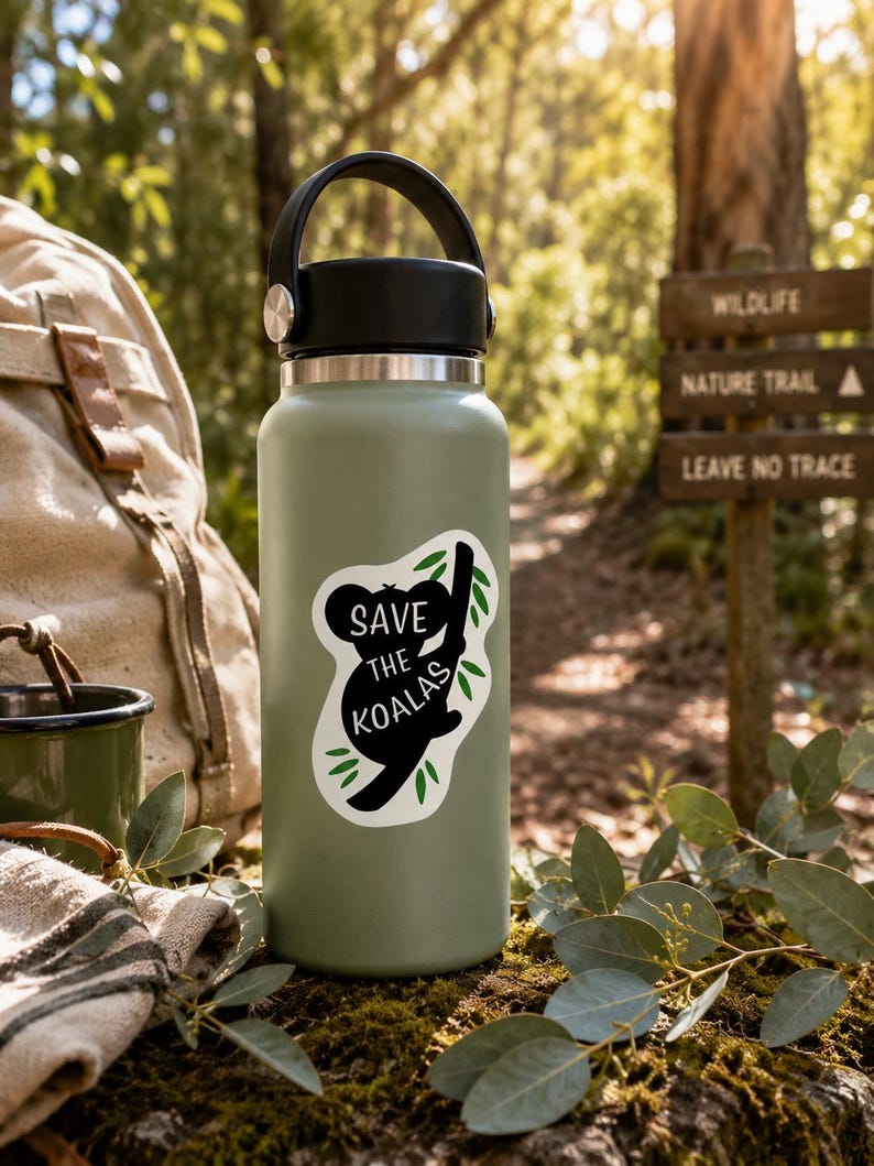 May include: A sage green water bottle with a black handle and lid. A sticker on the bottle reads "Save the Koalas" with a koala silhouette and green leaves. The bottle is set in a natural outdoor scene with a backpack and trail sign.