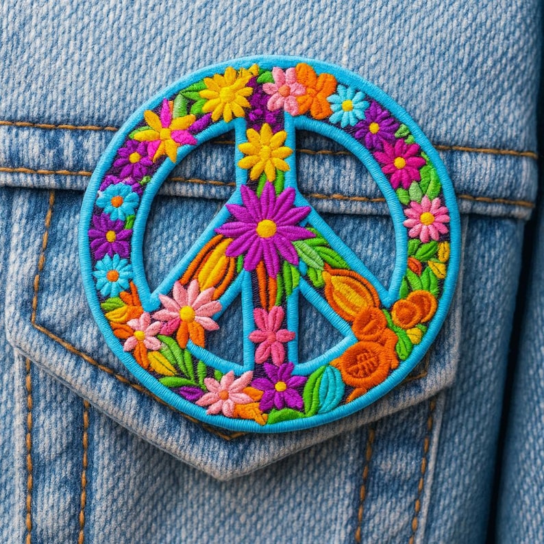 K&ouml;nnte beinhalten: Gestickter Peace-Zeichen-Aufn&auml;her mit hellblauem Umriss und gef&uuml;llt mit bunten Blumen. Die Blumen sind gelb, rosa, orange und lila. Der Aufn&auml;her befindet sich auf einer Jeansjacke.