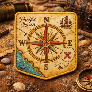 Pacific Ocean Compass Rose Patch/Travel Souvenir/Nautical Treasure Map Badge/Iron On Sew On Applique for Clothing Vest/Jacket Hats Backpack