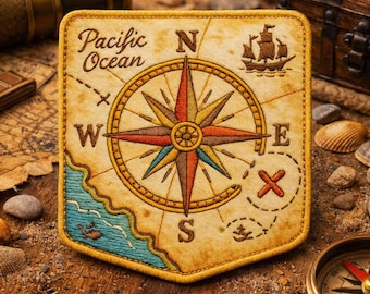 Pacific Ocean Compass Rose Patch/Travel Souvenir/Nautical Treasure Map Badge/Iron On Sew On Applique for Clothing Vest/Jacket Hats Backpack