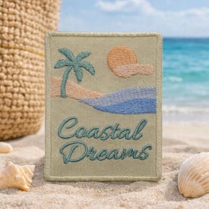 Coastal Dreams Patch/Iron-On Patch/Palm Trees & Sand/Coconut Girl Fun Vacation/Sew-On Applique for Clothing Tote Bags Vest/Jacket Backpack
