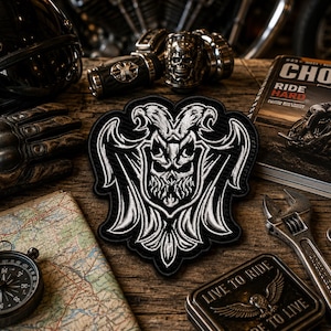 May include: A black and white embroidered patch featuring a stylized skull centered within a shield shape, flanked by symmetrical wing-like patterns. The design is detailed with sharp lines and intricate stitching, creating a high-contrast graphic emblem.