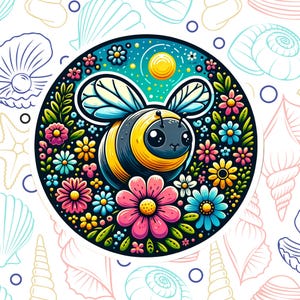 Bumblebee Sticker Decal, Waterproof Vinyl Sticker, Water Bottle Laptop Car Truck Window Bumper Decal, Cartoon, Colorful, Flowers, Insects