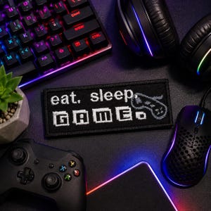 Parche de juego Eat Sleep/Parche termoadhesivo/Controlador SNES/Consola de videojuegos/Estilo retro/Nostalgia de los 90/Aplique bordado para coser en ropa