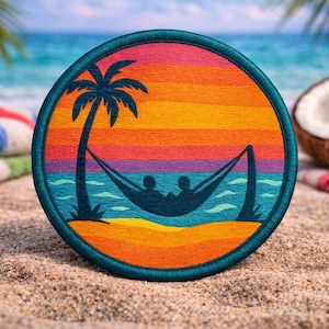 Sunset Hammock Patch/Iron-On Patch/Ocean Wave & Beach Vibes/Coconut Girl Fun Vacation/Sew-on Applique for Clothing Vest/Jacket Bag Backpack