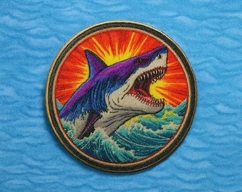 Parche de tiburón blanco inspirado en Tiburón: aplique termoadhesivo de depredador marino para mochilas y chaquetas, ideal para amantes del mar, Carcharodon carcharias.