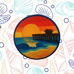 Sunset Over the Pier Patch/Iron-on Applique/Ocean Wave Patch/Embroidered Sew-On for Tote Bags/Backpack/Beach Vibes Patch/Beach Adventure