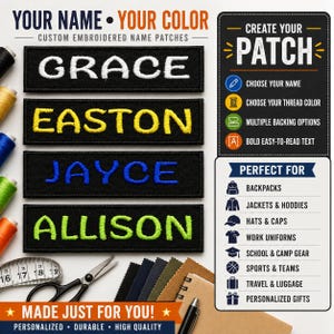 以下が含まれることがあります： 白のGRACE、黄色のEASTON、青のJAYCE、ライムグリーンのALLISONという名前が刺繍された4つの長方形の黒いワッペン。画像にはカスタマイズの手順を示すテキストと、センチメートル単位のメジャーが含まれています。