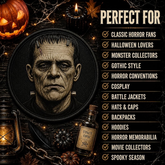Iron-On Patch/Frankenstein Patch/Gothic Patch/Halloween Patch/Horror Movie Inspired Patches/Sew-On Patch Applique/Adult Patch/Printed Patch